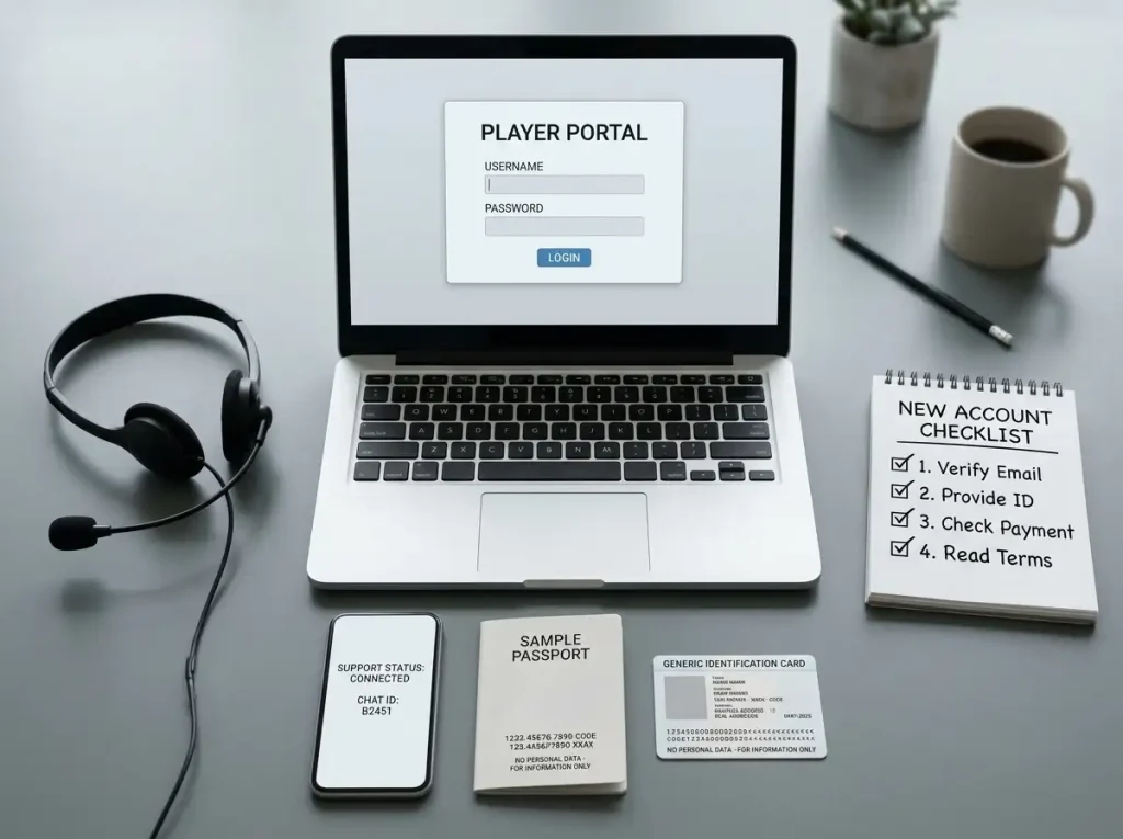 Laptop and phone beside identity documents and a customer-support headset on a desk