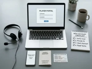 Laptop and phone beside identity documents and a customer-support headset on a desk