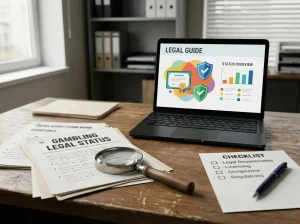 Regulatory documents, a laptop and a checklist arranged on a neutral office desk