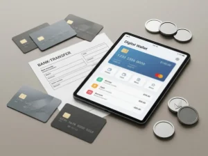 Bank cards, a transfer document, a digital wallet and cryptocurrency tokens on a neutral desk