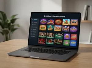 Casino game tiles, live-table screens and provider-style category cards displayed on a laptop