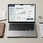 Laptop, identity documents, payment notes and a cashout checklist arranged on a desk