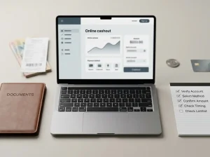 Laptop, identity documents, payment notes and a cashout checklist arranged on a desk
